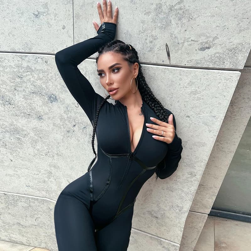Women's Fashion Sports Leather Ribbon Parting Line Long Sleeve Zipper Tight Hip Jumpsuit