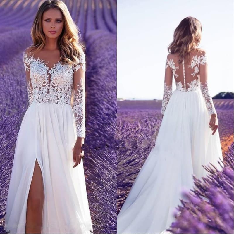 Women's Clothing Long Sleeve Perspective Lace Wedding Dress Bridesmaid Dress Split Long Dress