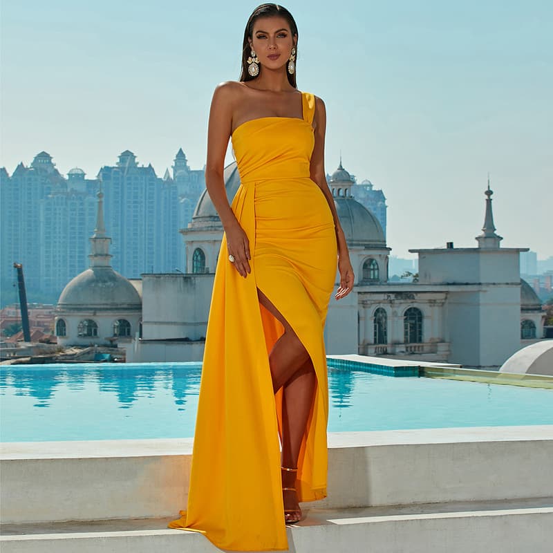Women's Clothing Summer Skirt Fashion Sexy One Shoulder Collar Prom Party Slit Evening Dress
