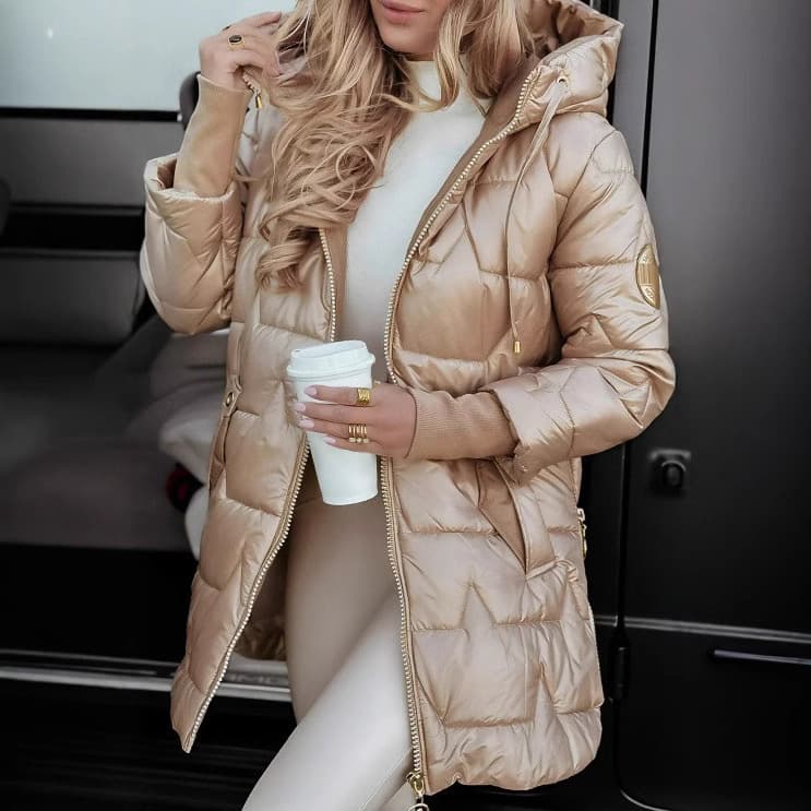 Veste longue à capuche en coton pour femme – Design à triple fermeture éclair, manteau d'hiver chaud et élégant pour la mode