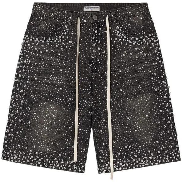 Men's Rhinestone-Embellished Distressed Denim Shorts – Vintage Streetwear (Black/Green, S-2XL) | Retro Hip-Hop Fashion