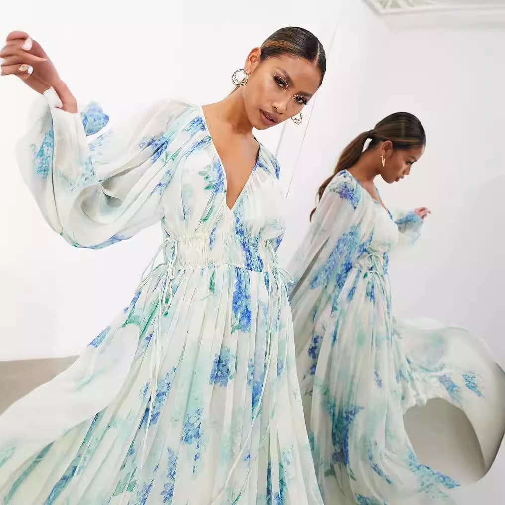 Women's Printed Chiffon V Neck Perspective Pleated Waist Drawstring Long Sleeve Dress