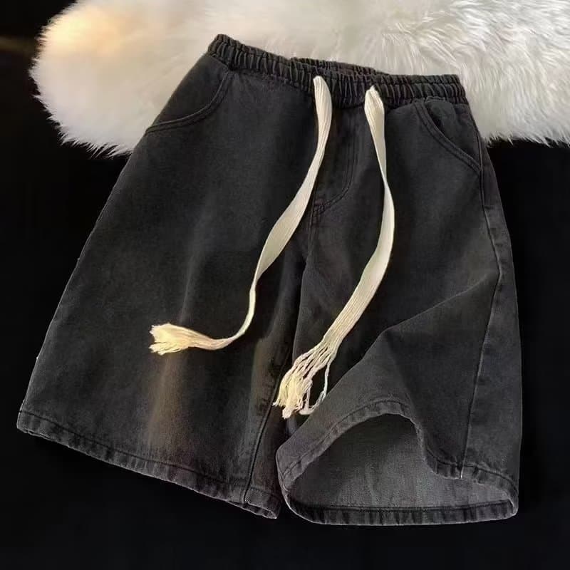 Men's Clothing Denim Shorts Men's Summer Casual Denim Shorts Drawstring Elastic Waist Loose Retro High Street Pants