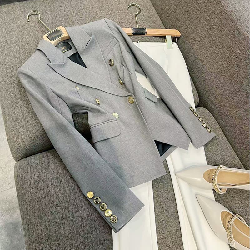 Women's Clothing Ready made gray good aura! Double breasted metal buckle slim fit commuter long sleeve blazer