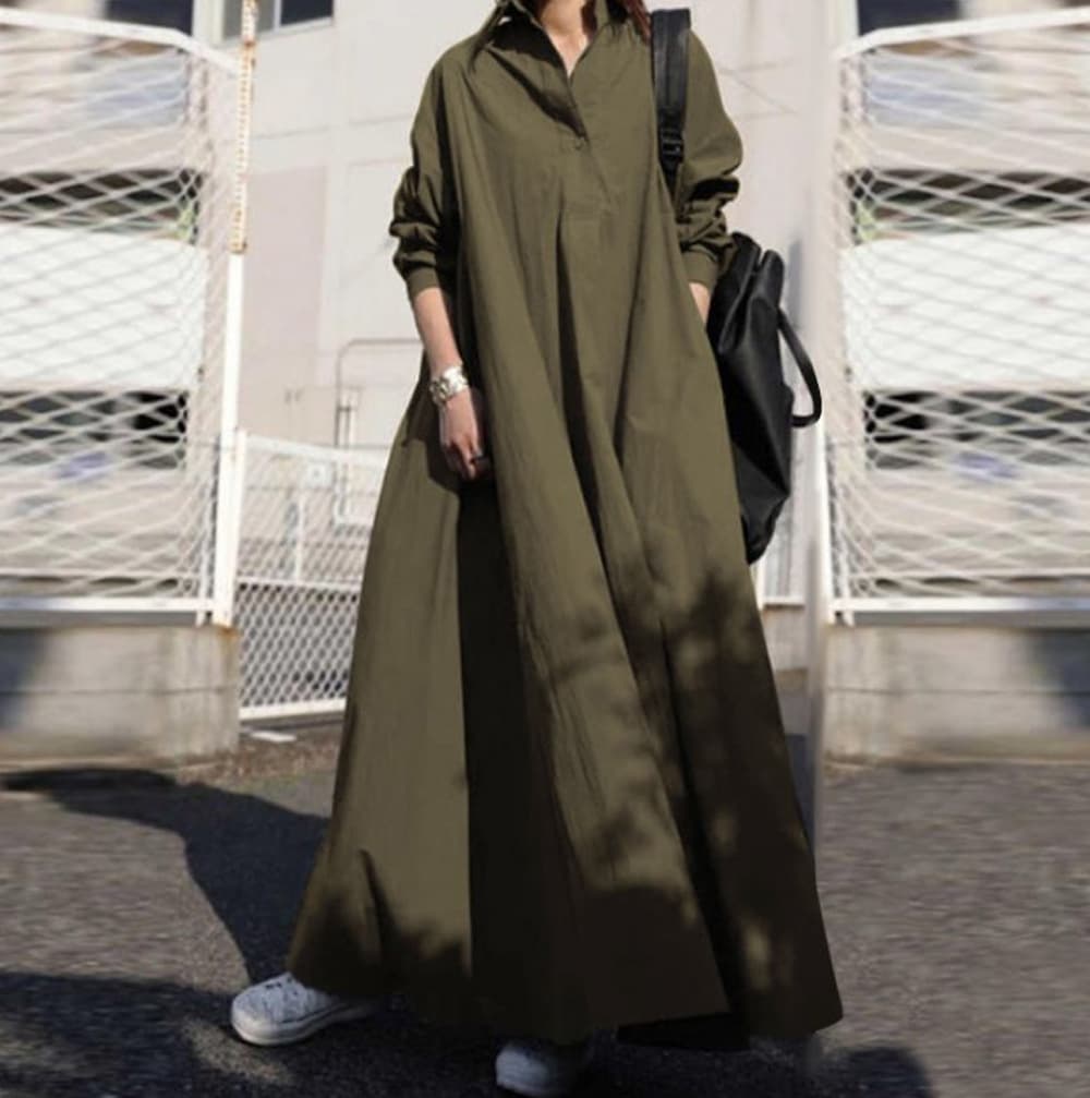 Women's solid-color sweet retro long-sleeved lapel baggy swing dress