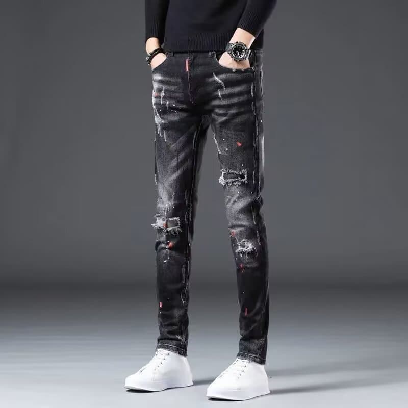 Men's Clothing Autumn Style Slim Fit Skinny Jeans Black Gray Trendy Ripped Painted High End Casual Long Trousers For Men