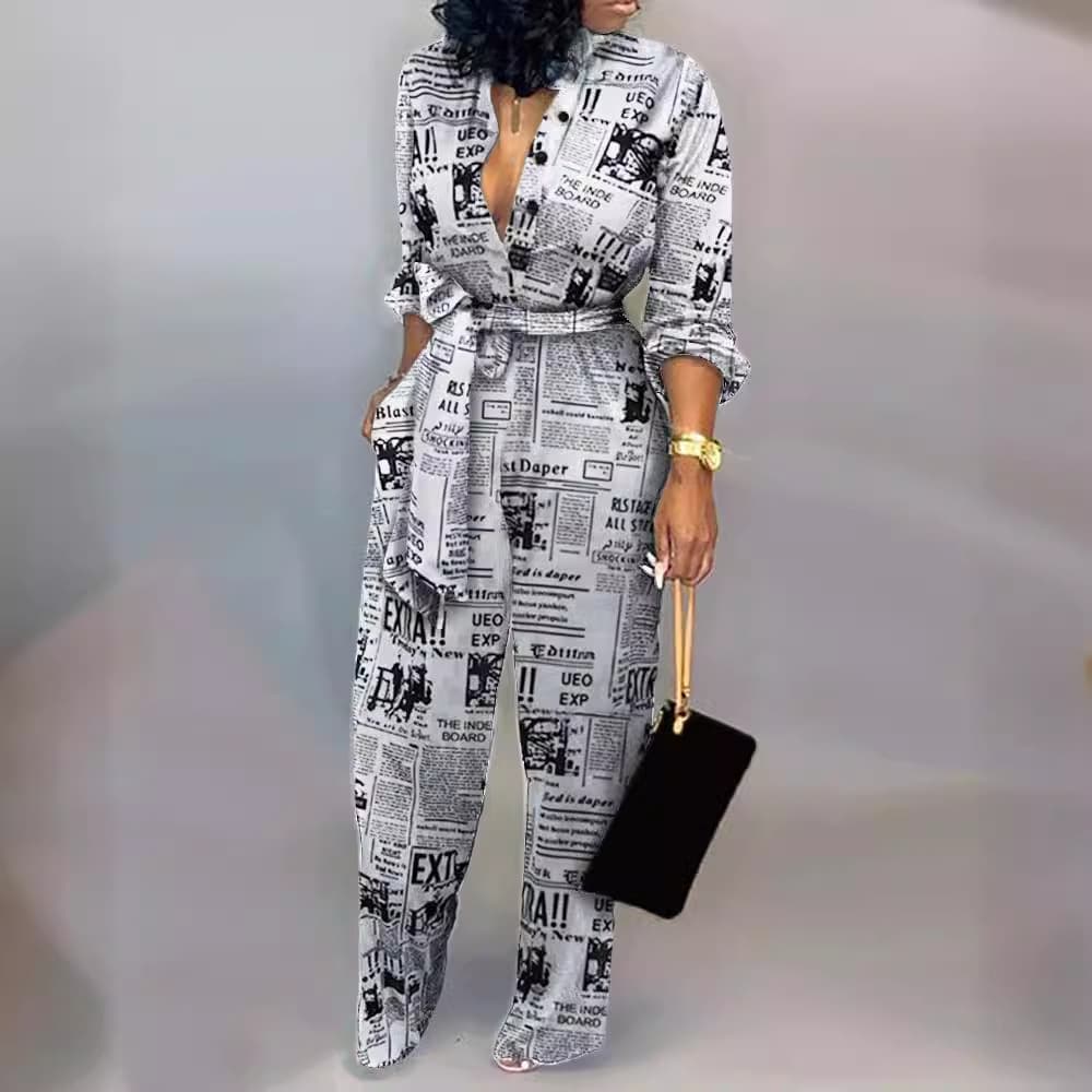 women's newspaper printed long-sleeved jumpsuit