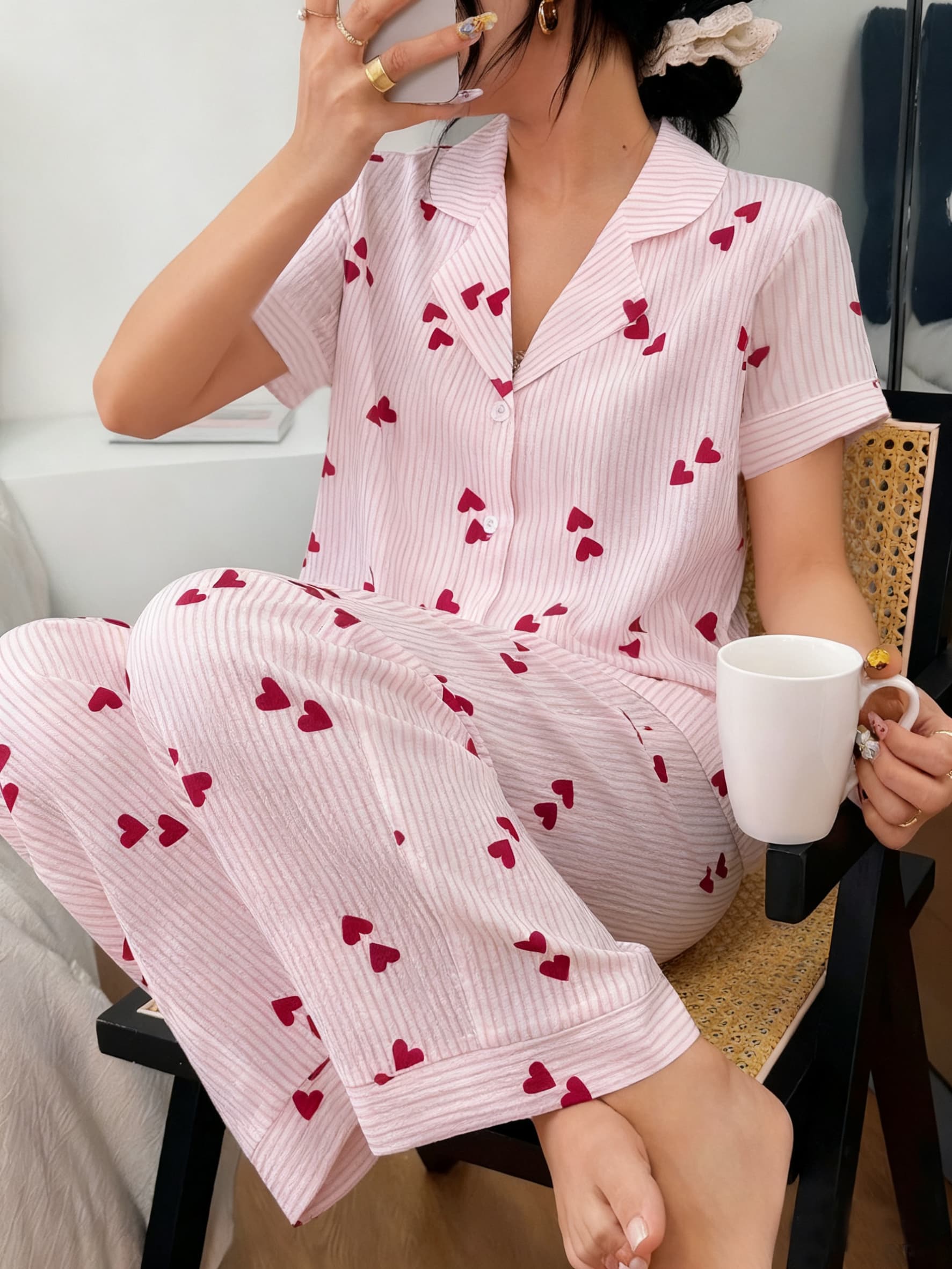 Spring & Summer Plaid With Side-by-Side Heart Print Pajama Set, Women's Casual Lapel Loungewear Set