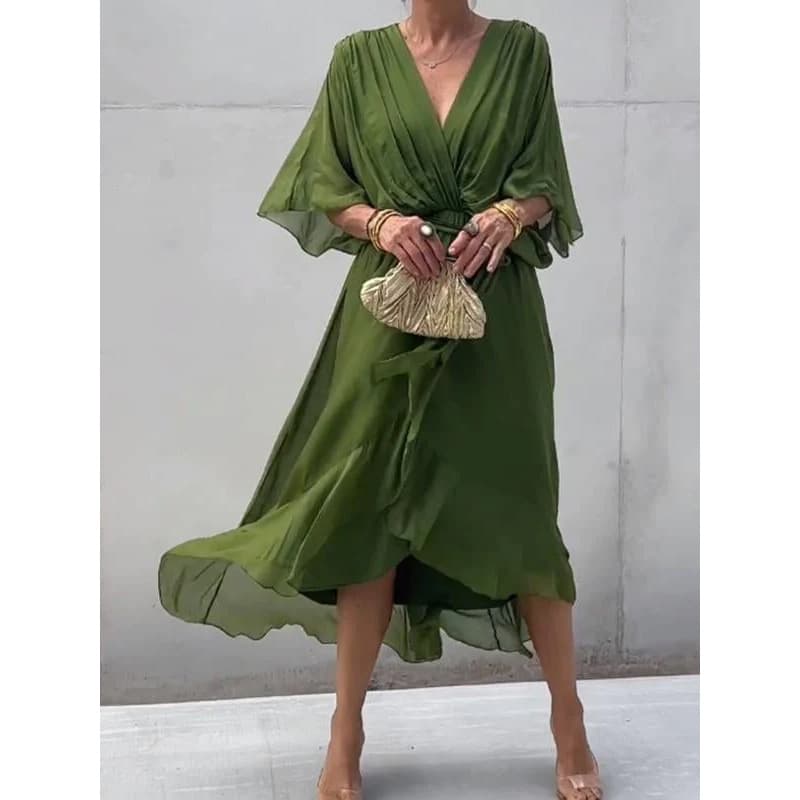 Women's Clothing Solid Color Lace Long Skirt Bat Sleeve Irregular Dress Large Size