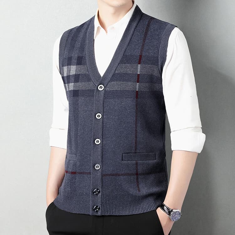 ​​Men's Jacquard Knit Vest – V-Neck Sleeveless Sweater (Red/Gray/Khaki/Black, M-XXXL)​​