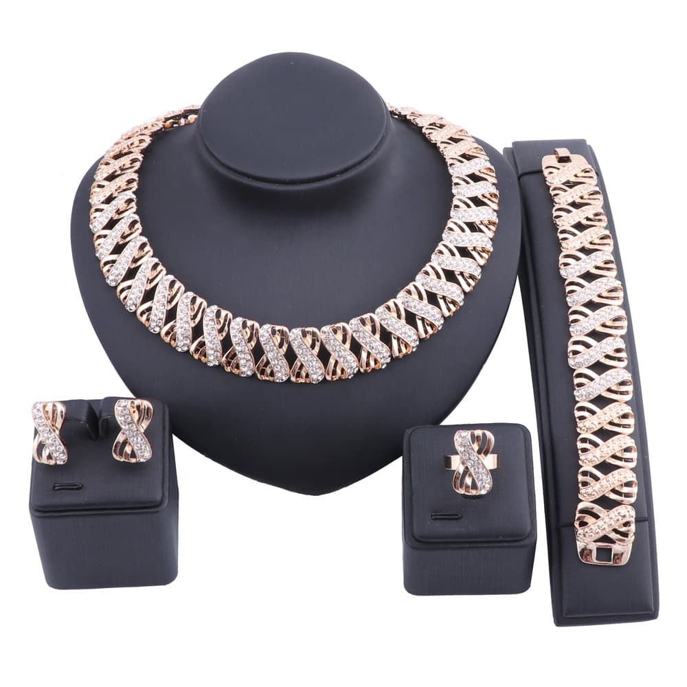 Exquisite Dubai Gold Wedding Bridesmaid Crystal Necklace Earrings Bracelet Ring Party Costume Jewelry Set