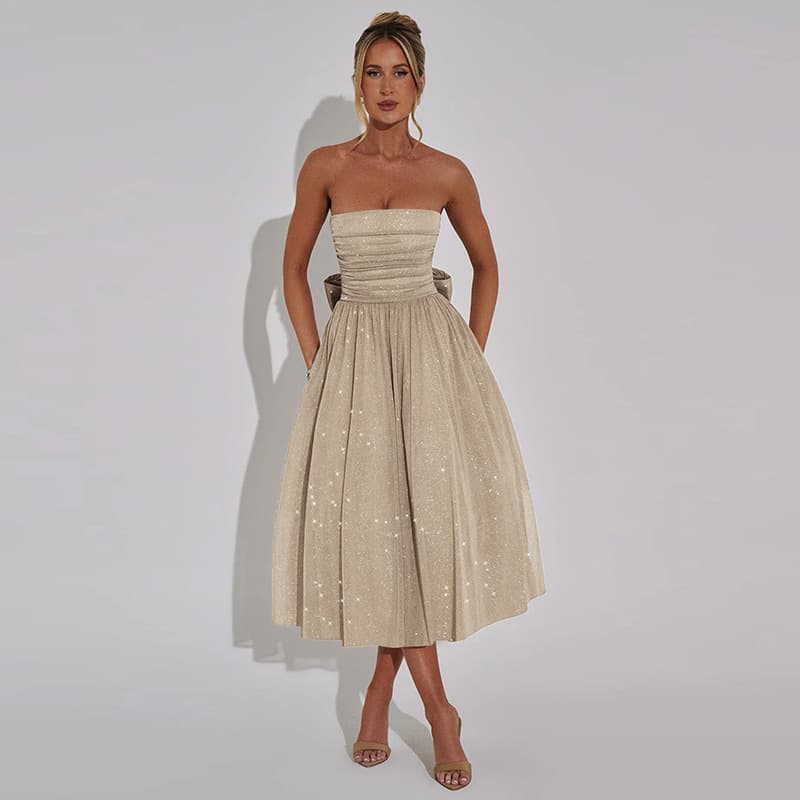 Women's Clothing Summer Elegant Sweet Spicy Solid Color Strapless Off Shoulder Party Cocktail Glitter Mesh Tight Waist Dress