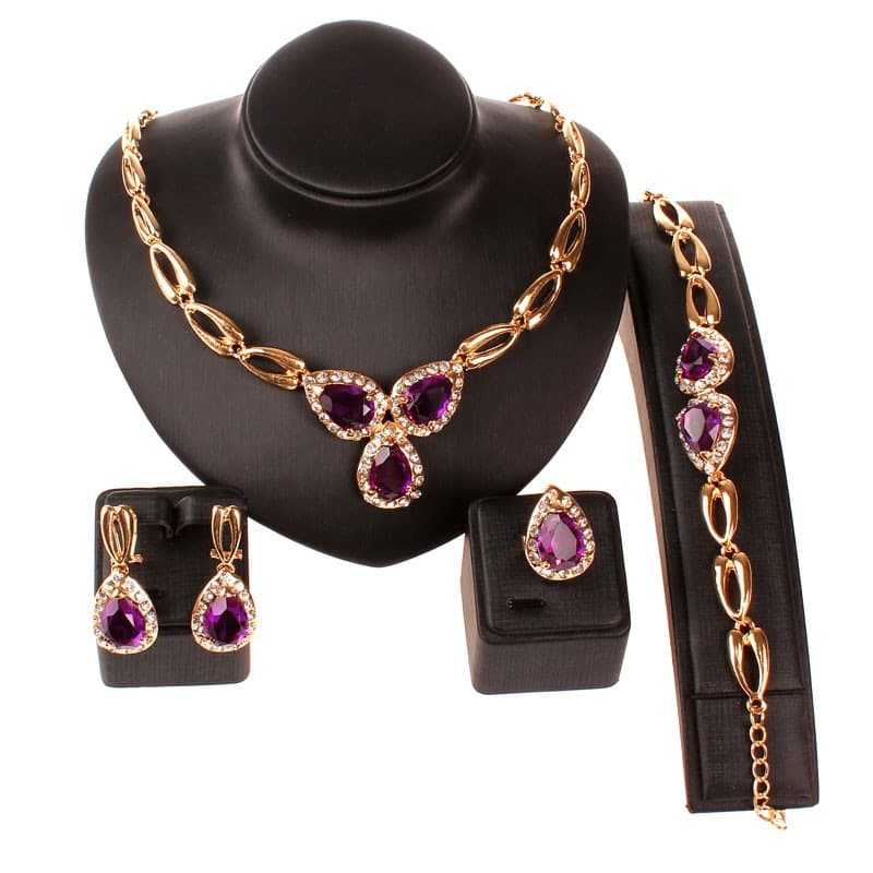 Gold Color Purple Gem Austrian Crystal Women Wedding Necklace Bracelet Earring Ring Jewelry Set