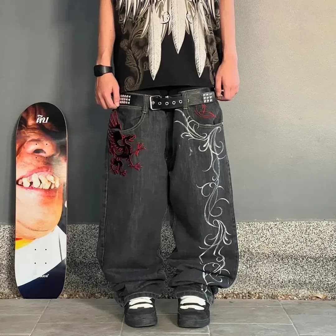 Y2K Streetwear Baggy Jeans Men Haruku Trend Embroidery Pattern Hip Hop Vintage Denim Pants Straight Casual Wide Leg