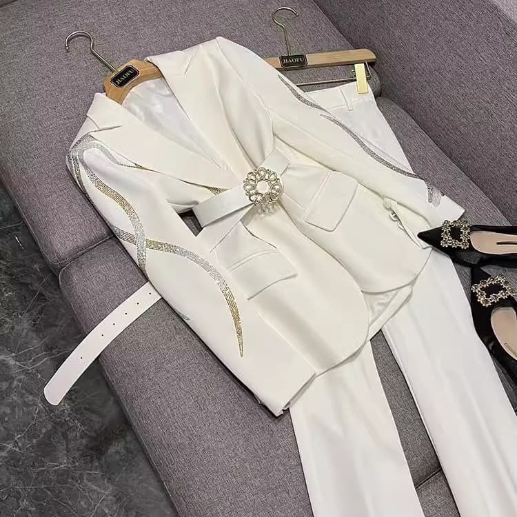 Women's Clothing Celebrities, Socialites, Professional, Slim, Temperament, Colored Diamonds, Hot Diamonds, Belted Suits, Flared Pants, Two Piece Suits