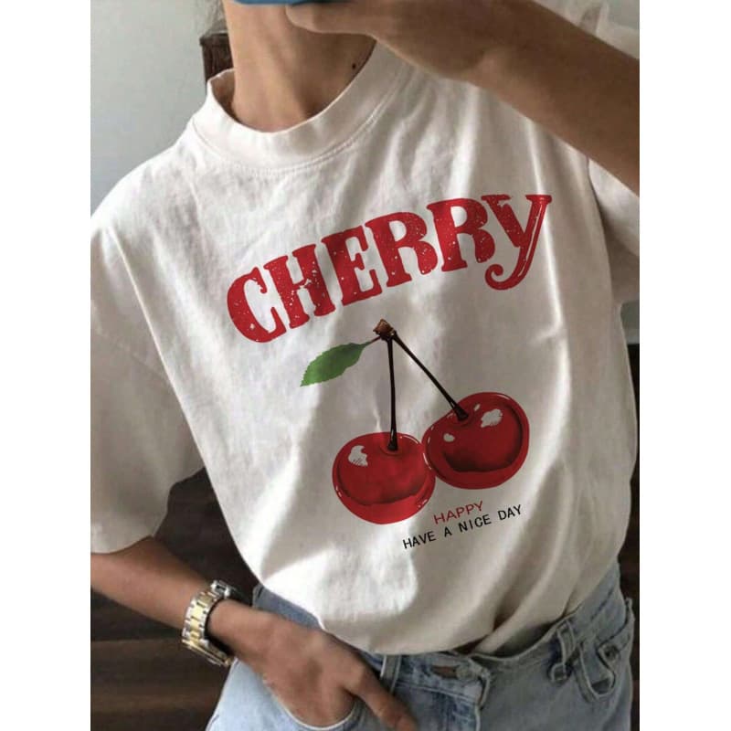Women's Clothing Cherry Print Versatile Short Sleeved T-Shirts