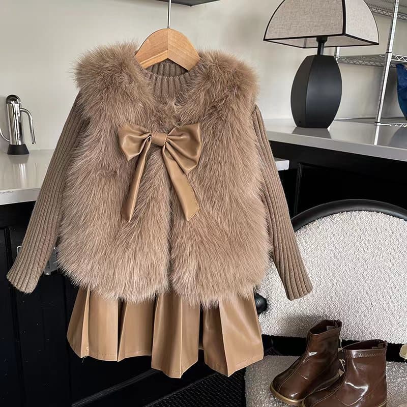 Girls Autumn And Winter Vest Suit Imitation Fur Vest Plus Pleated Skirt Thick Sweater Three Piece Thick Vest Suit