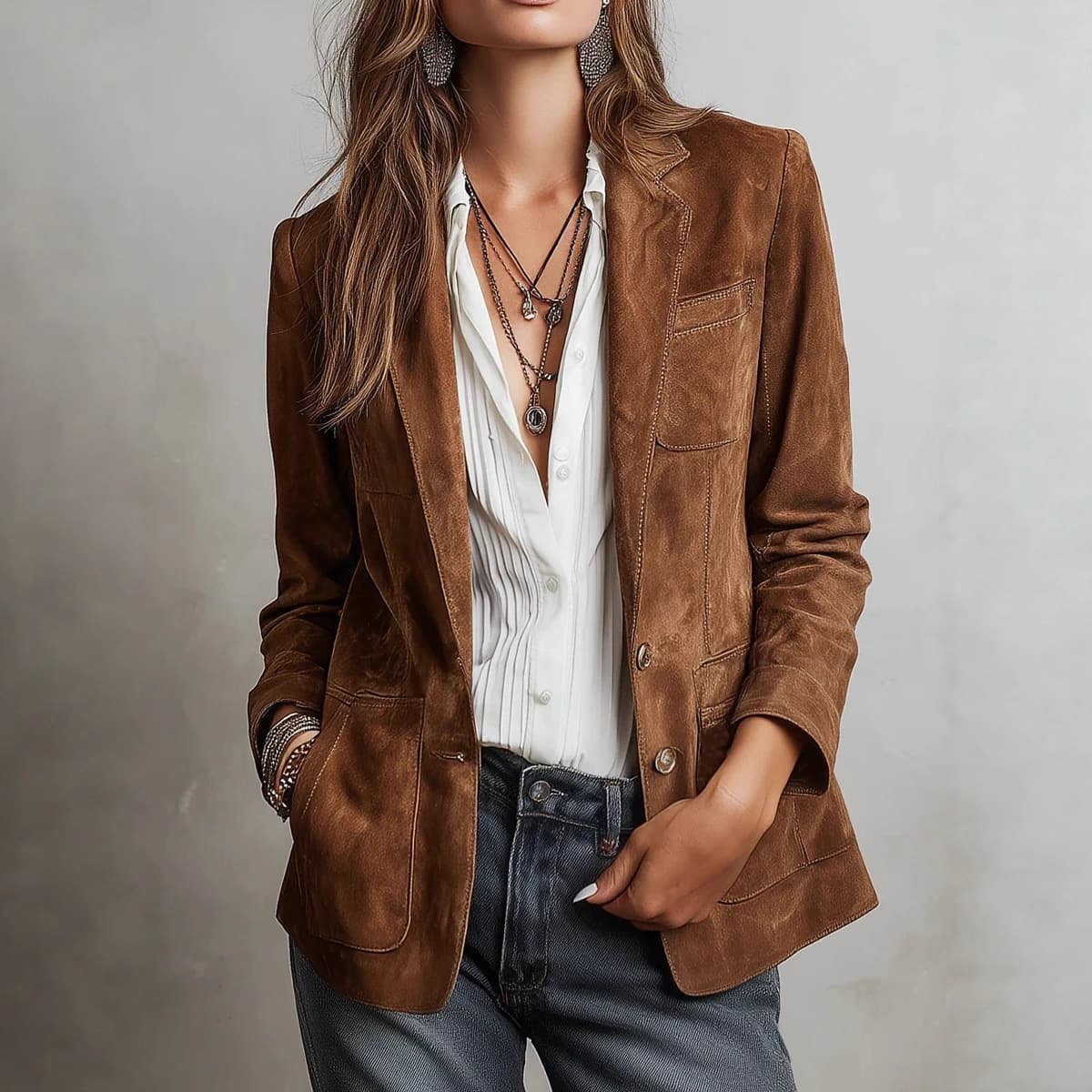 ​​Vintage-Inspired Suede-Look Jacket For Women – Elegant Single-Breasted Blazer With Relaxed Fit, 70s Retro Office-to-Street Coat In Deep Brown