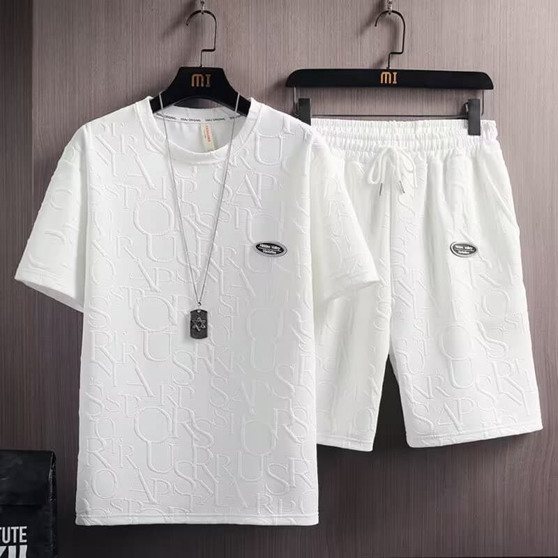 Men's Jacquard Waffle Suit Casual Sports Short-Sleeved Shorts Two-Piece Suit