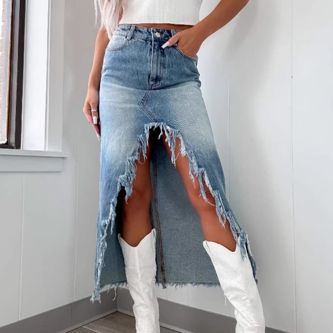 Women's Clothing Skirt High Waist Irregular Raw Edge Distressed Washed Skirt Women