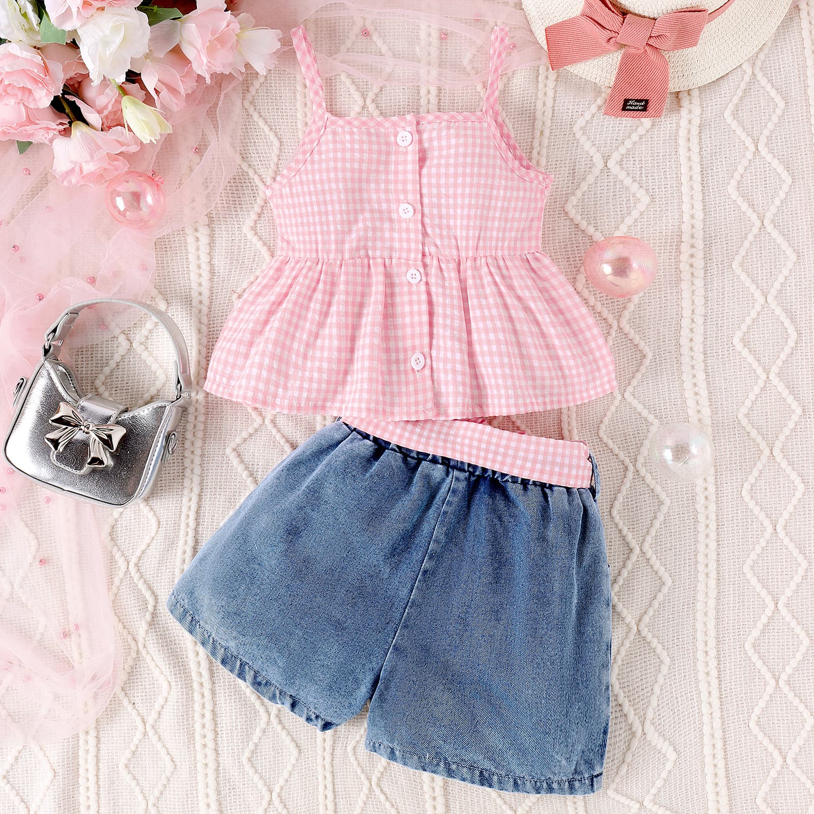 Girls' Summer Outfit Set – Strappy Checkered Top + Distressed Denim Shorts (4-7Y, Pink, Soft Fabric, B-Class Safety)​