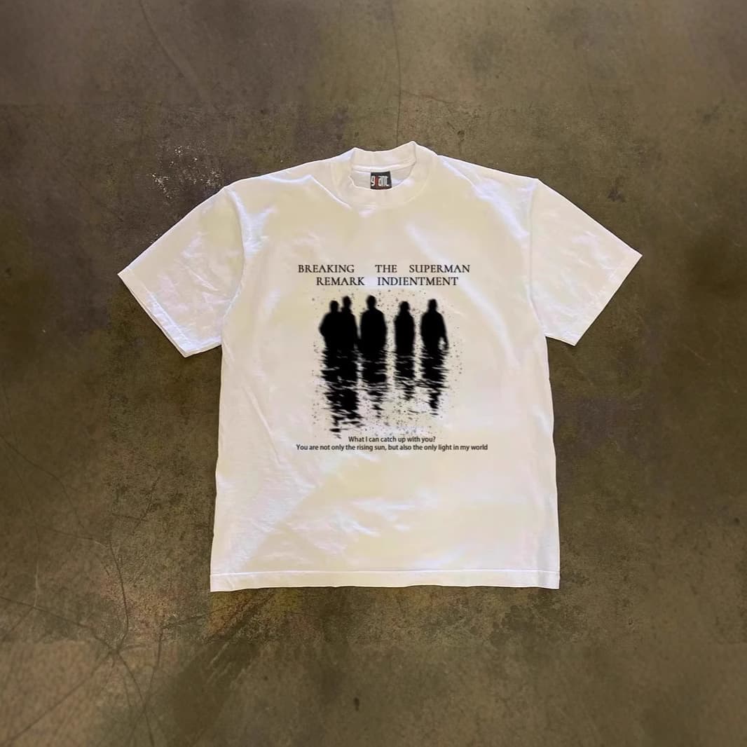 Retro Portrait Reflection Print Couple T-Shirt Pure Cotton Heavyweight 250g Loose Short-Sleeved Men's Top in Neutral Colors