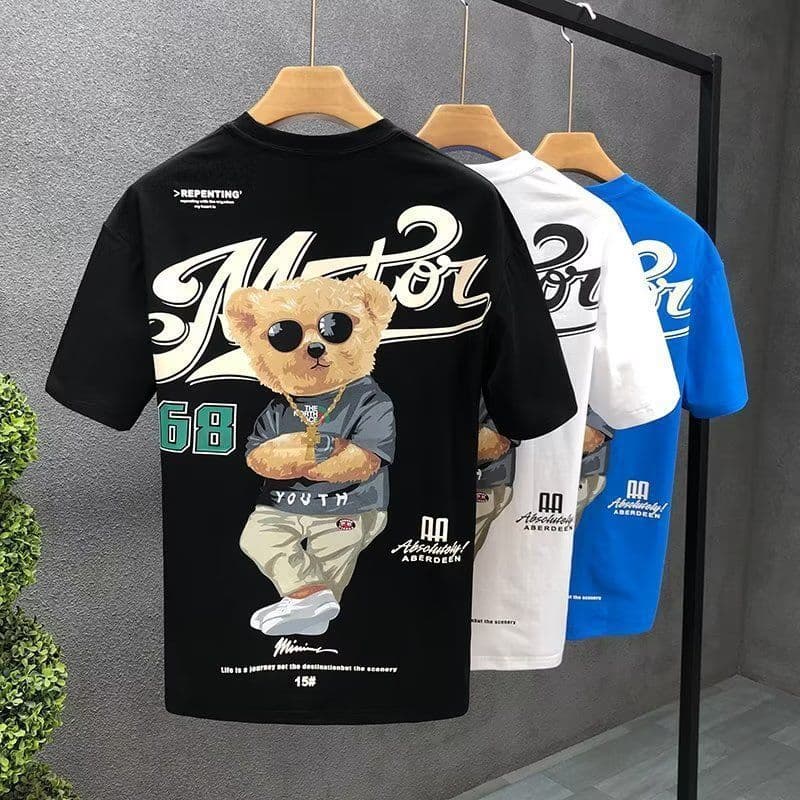Men's Clothing Fashion brand bear print short sleeved T shirt men's summer new style versatile casual large size loose cotton tops