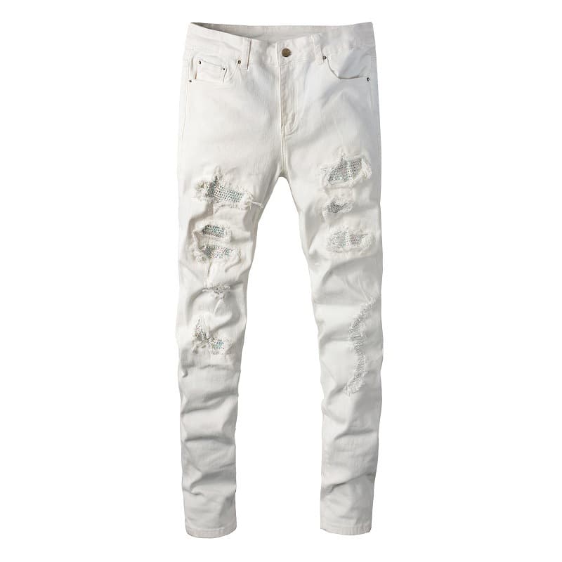 Men's Clothing Foreign Trade High Street Hole Patch Diamond Stretch White Jeans Men's Slim Pants Straight Denim Men's Trousers 625