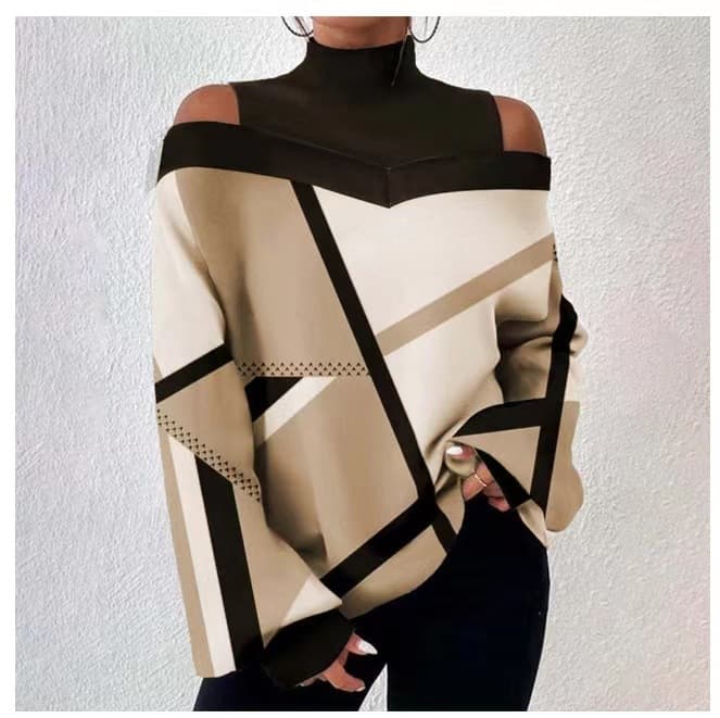 Women's High Neck Geometric Print Fashion Loose T-shirt