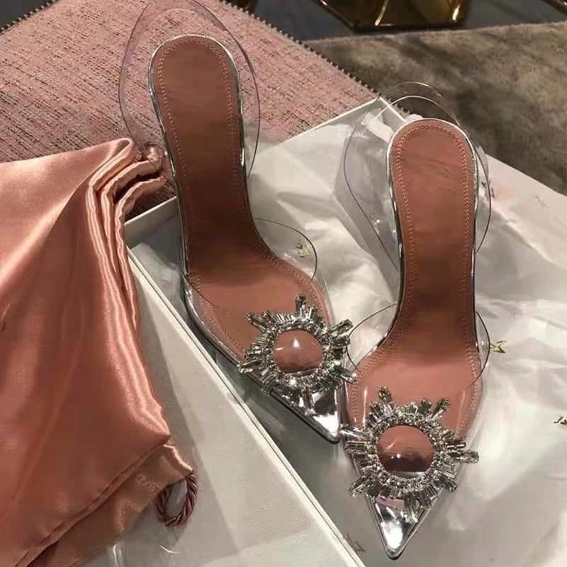 2024 New High Silver Diamond Transparent Adhesive Single Women's Banquet Fairy Style Slim Heels Wedding Shoes
