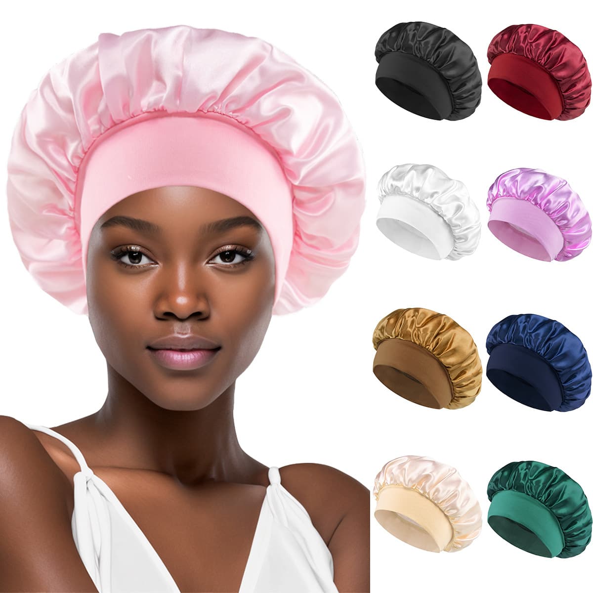 Solid Color Wide Brim Elastic Adult Sleeping Cap Men And Women Fashion Hair Care Beauty Shower Cap Satin Chemotherapy Cap