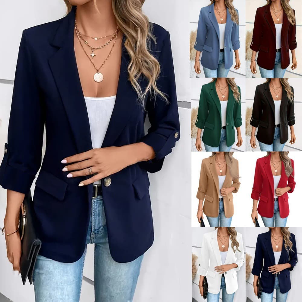 Classic Solid Color Blazer For Women – Slim Fit Long Sleeve Office Jacket, Stretch Polyester-Spandex Blend, Versatile Work & Casual Wear