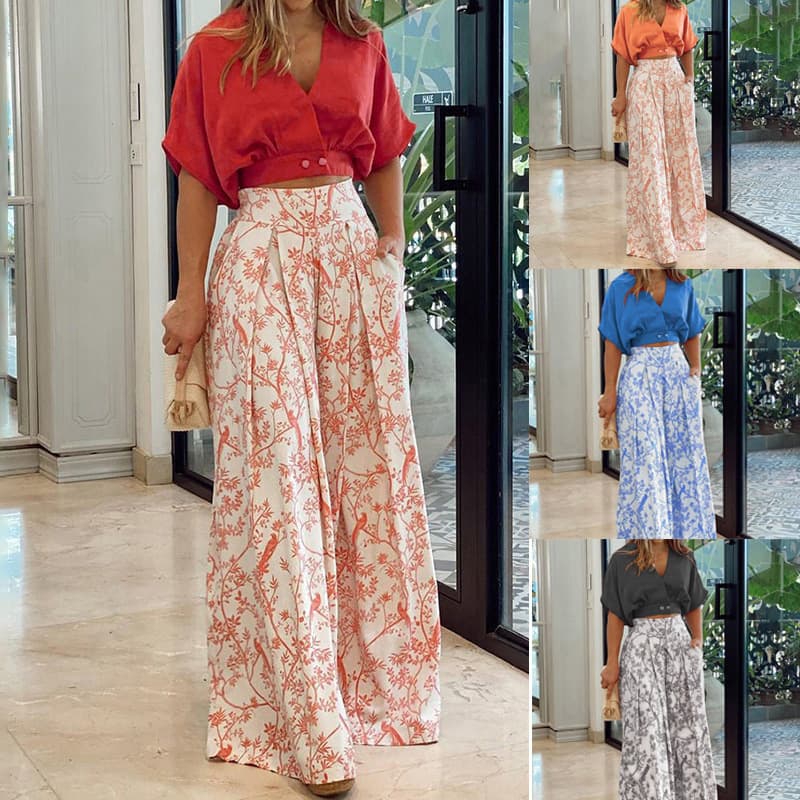 Women's V-neck short top shirt suit printed commuter wide-leg pants for women