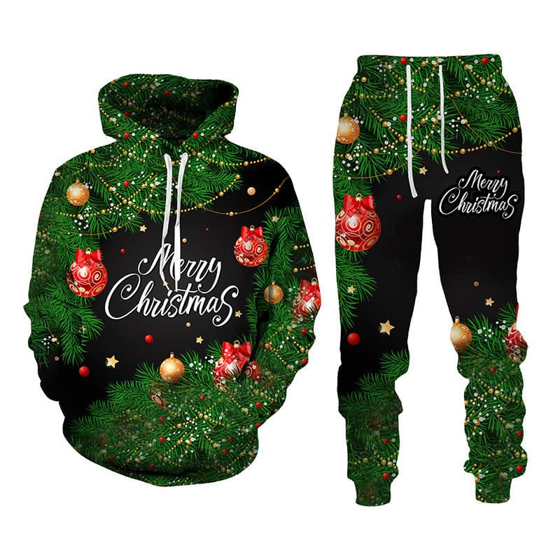 Cross-Border Christmas 3D Printed Unisex Sportswear Set Casual Hooded Sweatshirt Long Pants Fashion Autumn Winter Men's