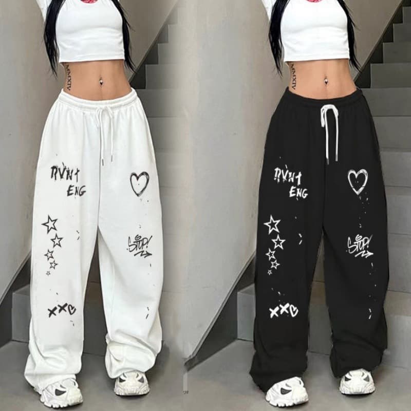 Women's Clothing Graffiti Casual Pants Jazz Dance Hiphop Loose Straight Sports Wide Leg Long Pants