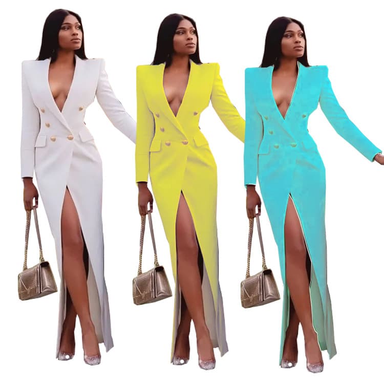 Women's Clothing solid color long V neck suit jacket