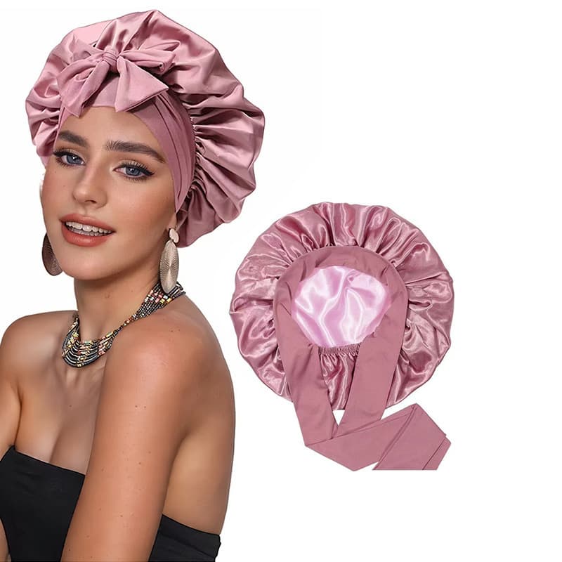 Popular double layer satin nightcap bow ribbon round hat silk beauty hair care hat wide brim hat