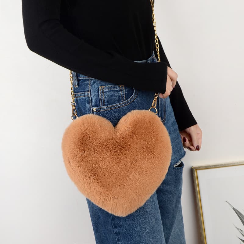 Imitation Rabbit Fur Peach Heart Cute Children's Heart-shaped Bag Shoulder Cross Chain Bag Fur Heart Bag