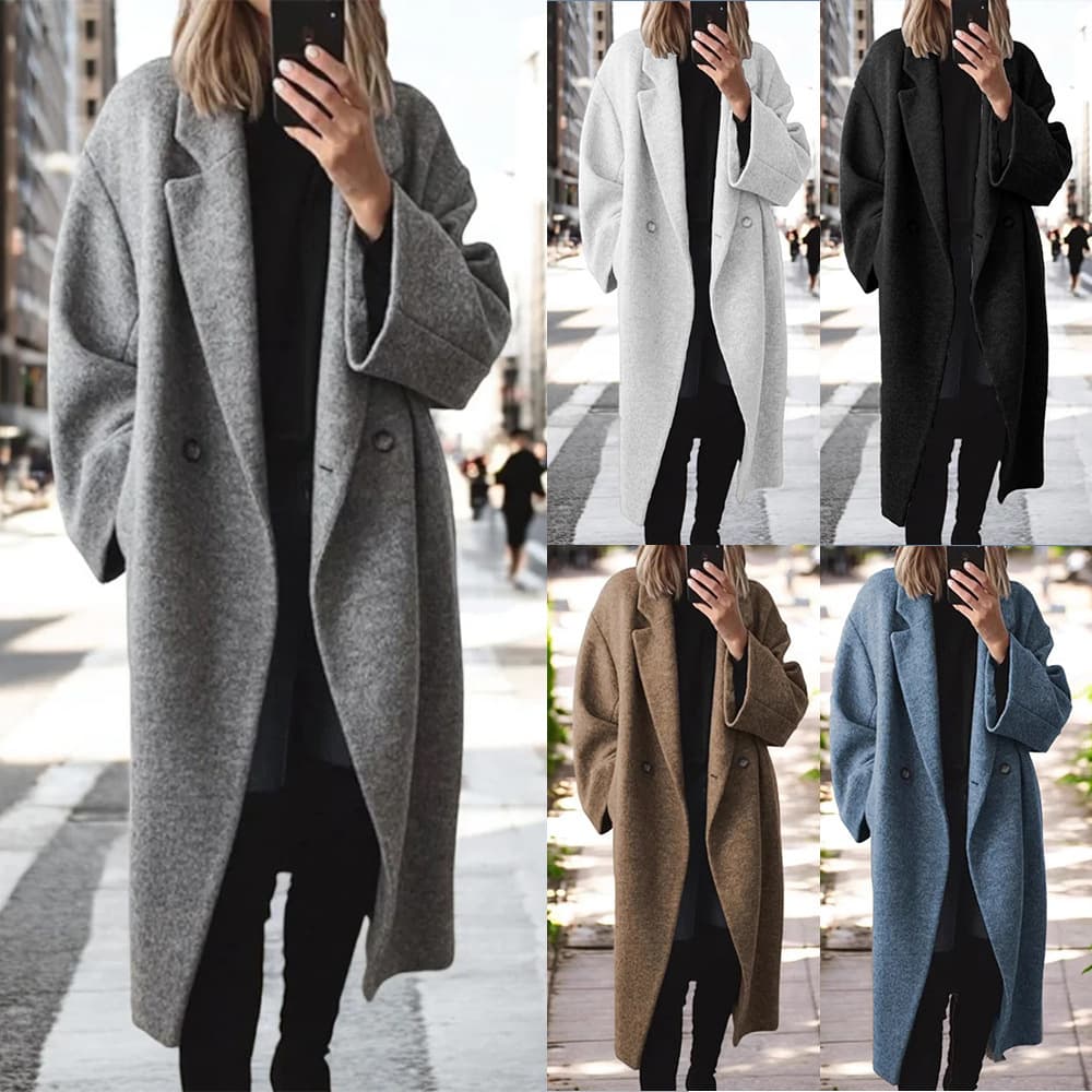 Women's Long Wool Blend Trench Coat With Notched Collar - Oversized Fit, Multi-color Options For Elegant Commute (Black, Navy, Brown, Gray)