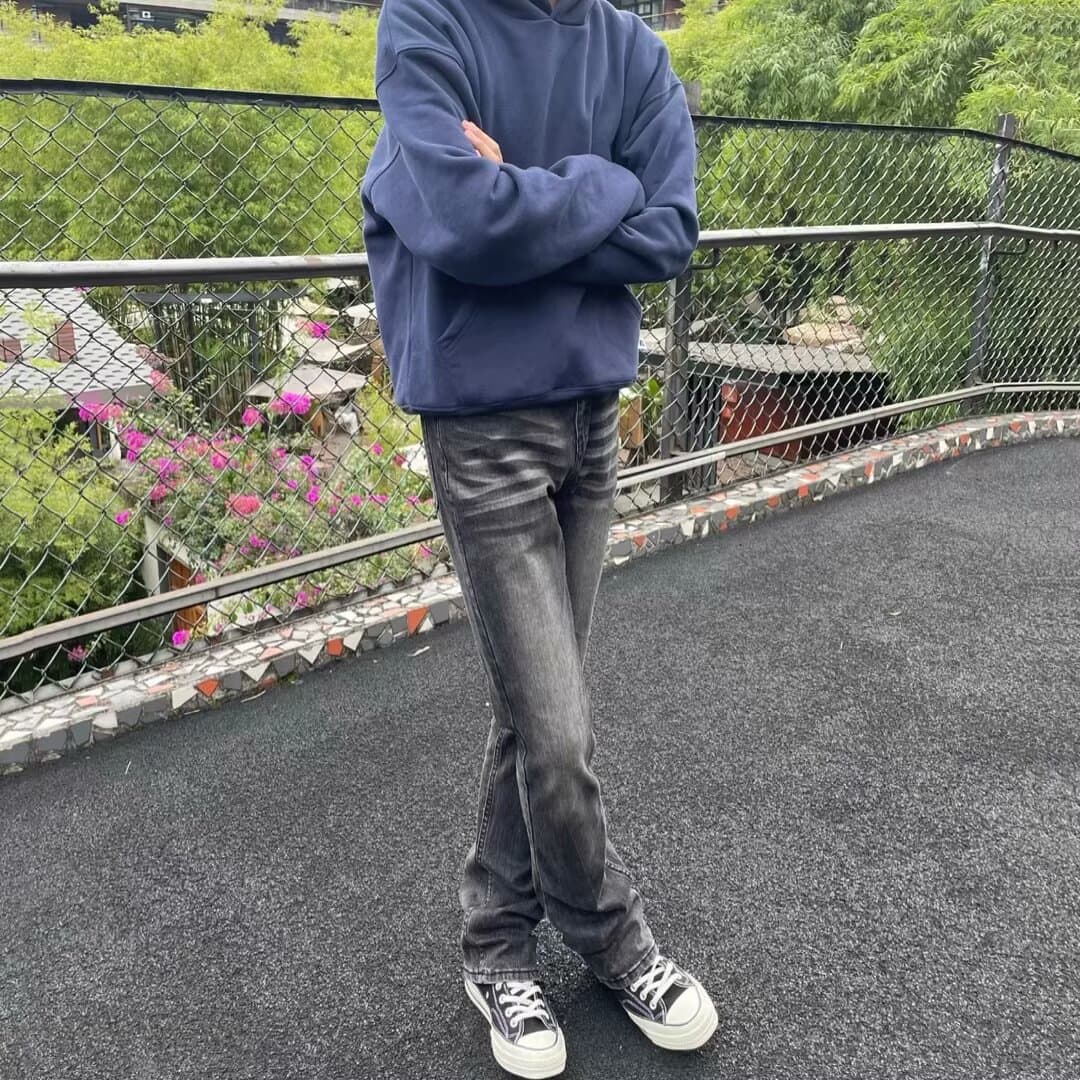 Men's Clothing High Street Vibe Style Black And Gray Retro Washed Cat Whisker Flared Jeans Men's Loose Straight Slim Pants
