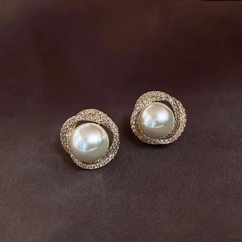 Spiral pearl stud earrings light luxury niche high-grade earrings elegant big pearl ear pin Diamond-embedded high-grade pearl earrings for women