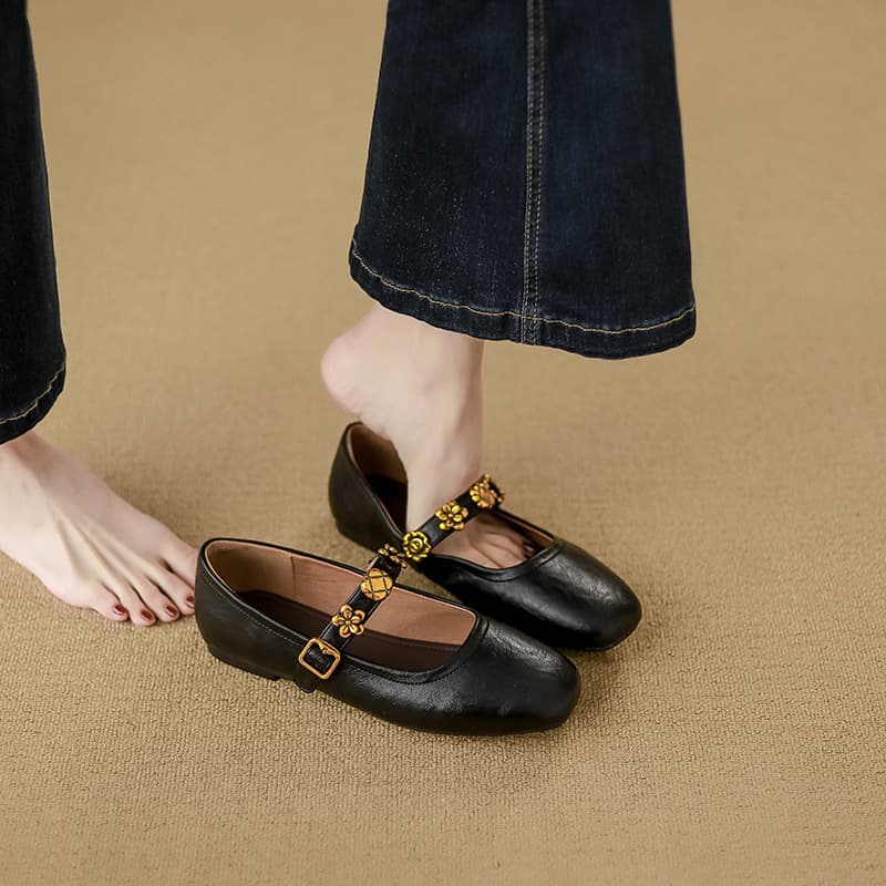 Genuine Leather Soft Leather, Women's Flat Ballet , Gold Buckle, Soybean Shoes, Gentle Brown, Fashionable And Versatile
