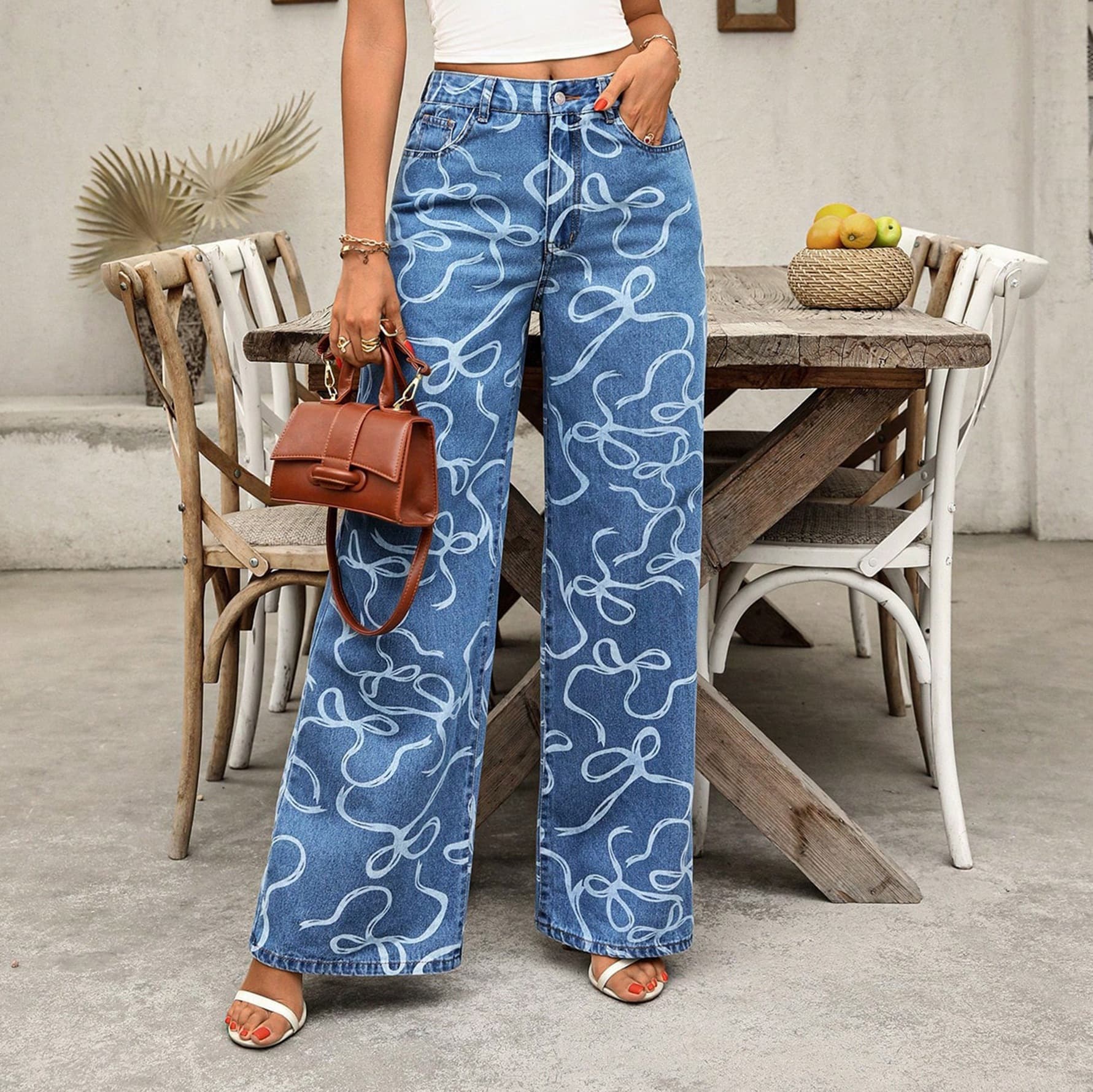 Women's Casual Loose Fit Washed Denim Wide Leg Pants With Print - Comfortable Cotton Blend High Waist Trousers For Everyday Wear (Blue, XS/S/M/L/XL)​​