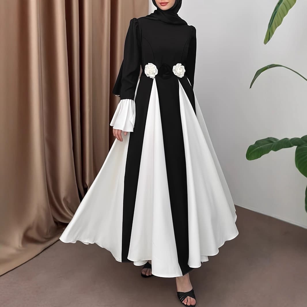 Women's Clothing Color Contrast Design With Flower Belt Long Temperament Elegant Dress
