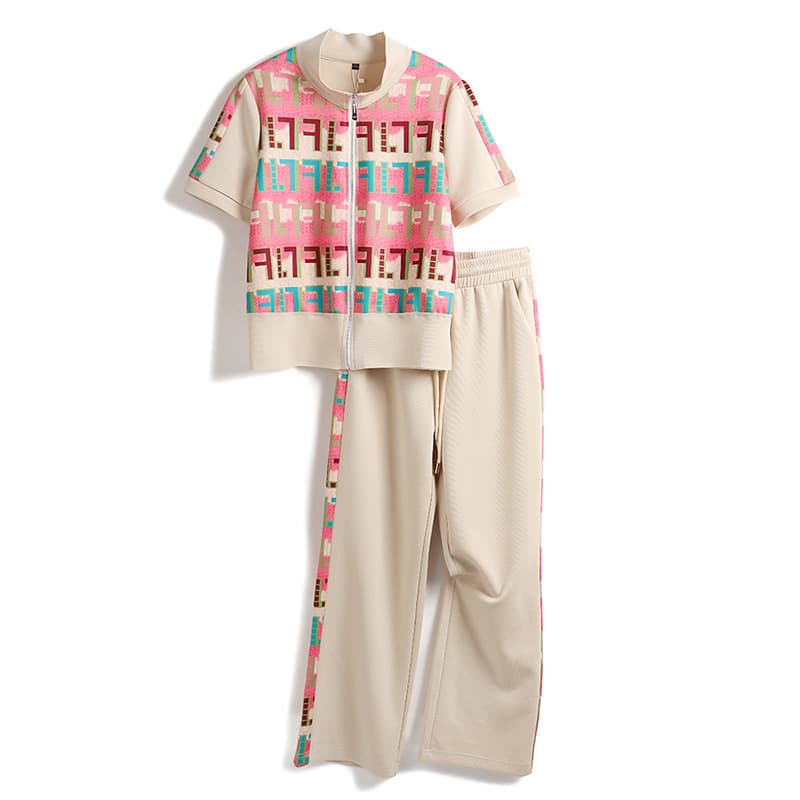Fashionable Lady High End Casual Sports Suit For Women Summer Printed Short Sleeved Zipper Top Wide Leg Pants Two Piece Suit