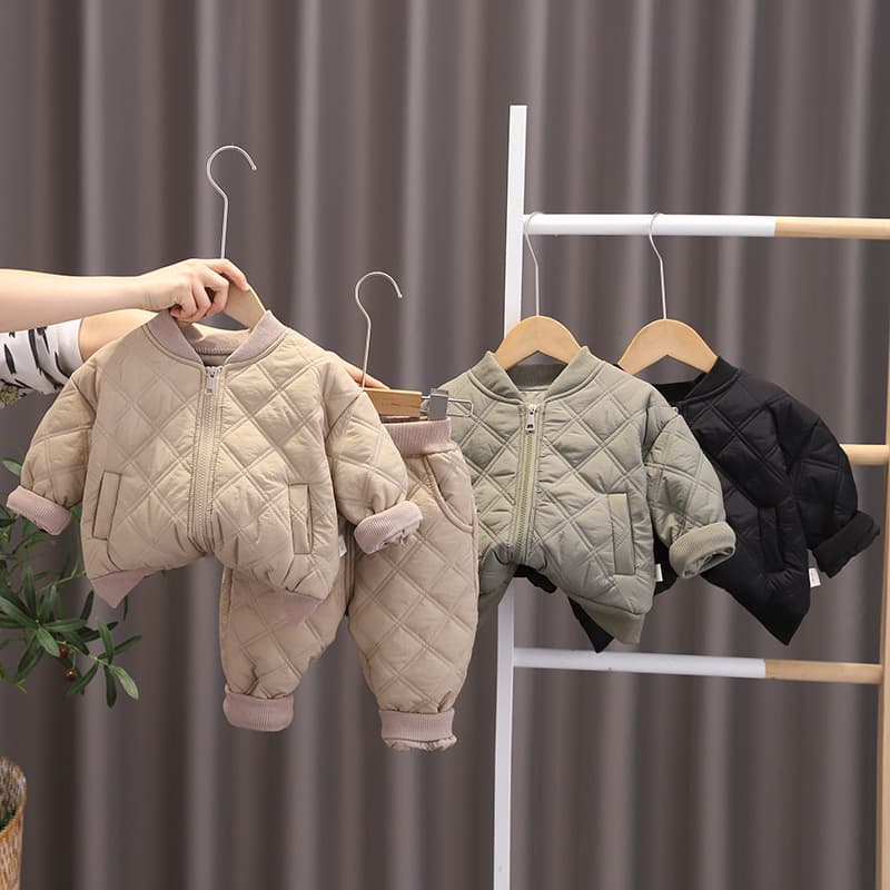 Boys Plush Suit Winter Thickened 2022 Winter Children Baby Plaid Zipper Cotton Suit Two Piece Set Autumn And Winter