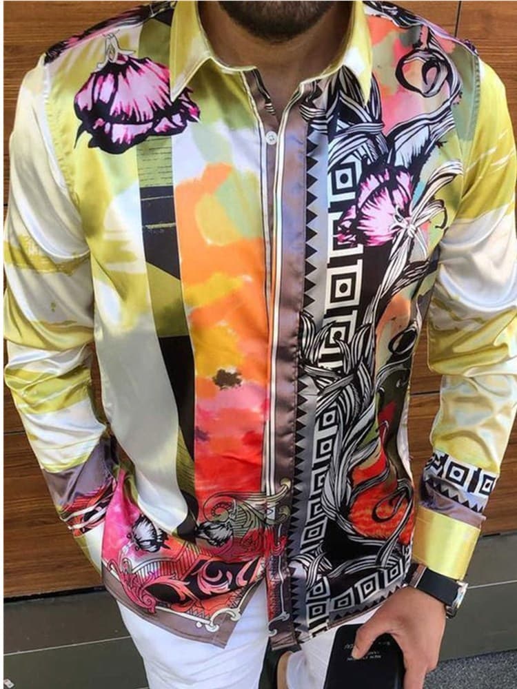 2024 Autumn New Cardigan Printed Long Sleeved Slim Fit Men's Shirt