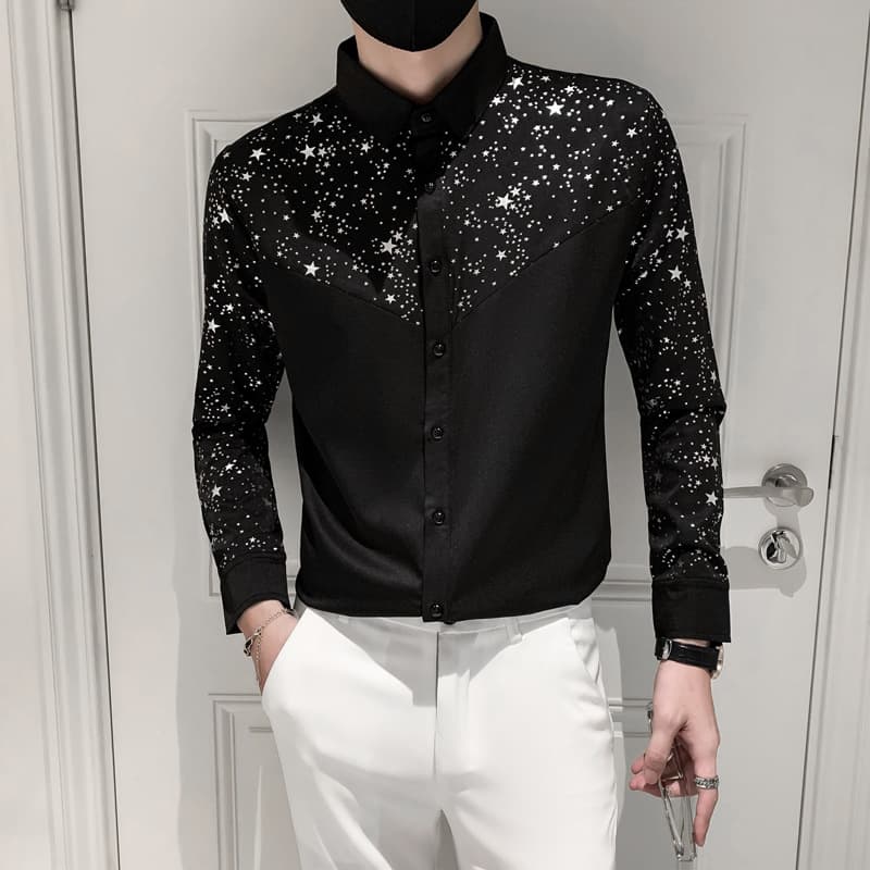 Chemise à manches longues pailletée tendance pour homme – Chemisier ample et décontracté avec poches (noir/blanc, S-XXXL)