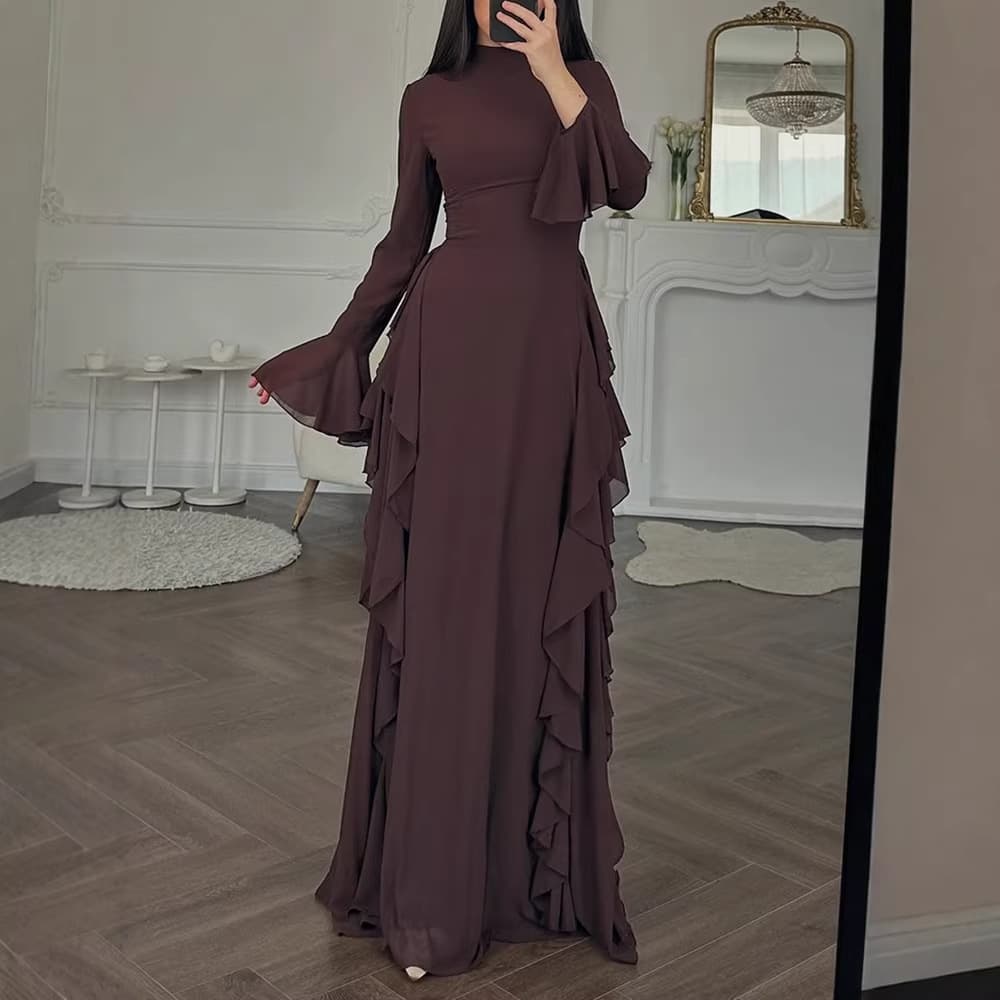 Elegant Flared Sleeve Midi Dress – High Waist & Flowy Silhouette (S-Xxl, Brown/Black/Green/Burgundy/Mint/White)