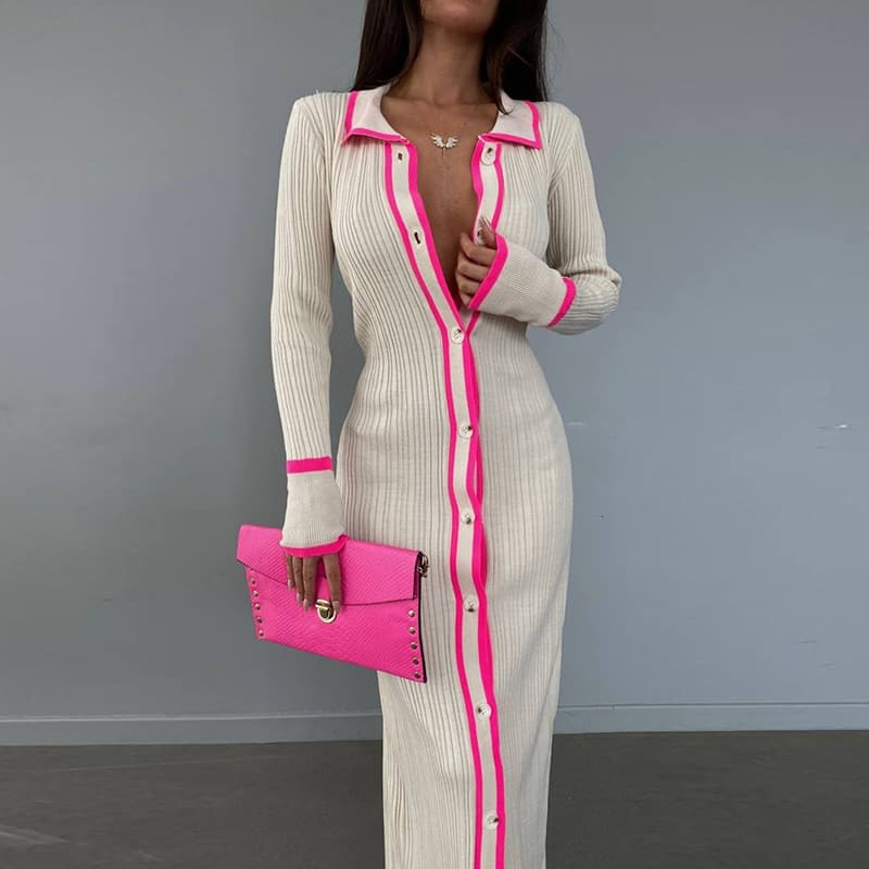 Women's Clothing slim lapel stitching women's long sleeved cardigan dress YF2334